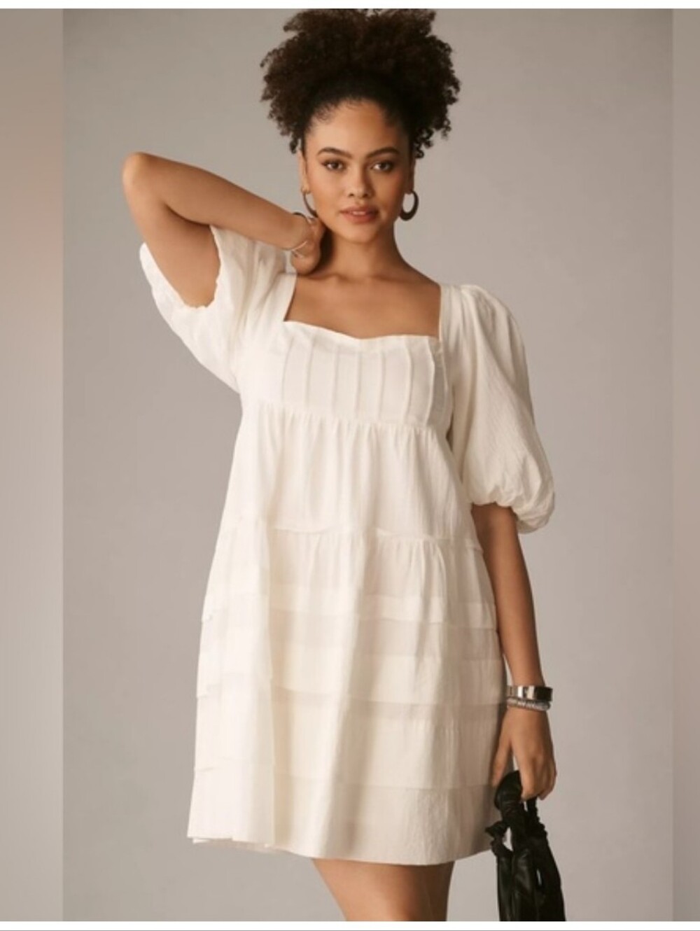 Anthropologie Square-Neck Puff-Sleeve Tiered Mini Dress White M